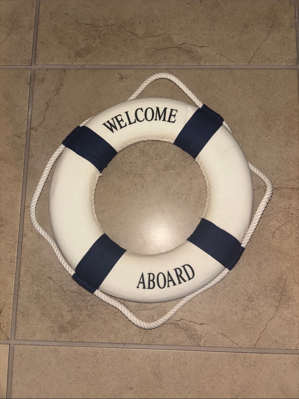 Nautical "Welcome Aboard" Decorative Life Ring - White & Navy